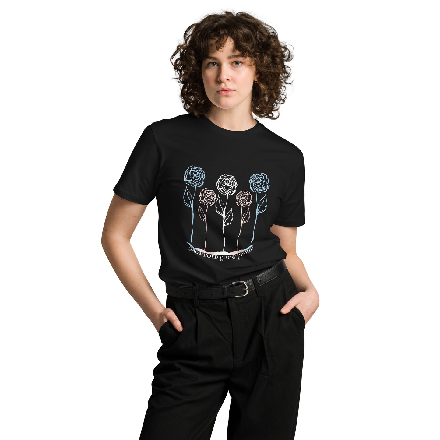 Ally Bloom premium t-shirt, black, model, three in the trees
