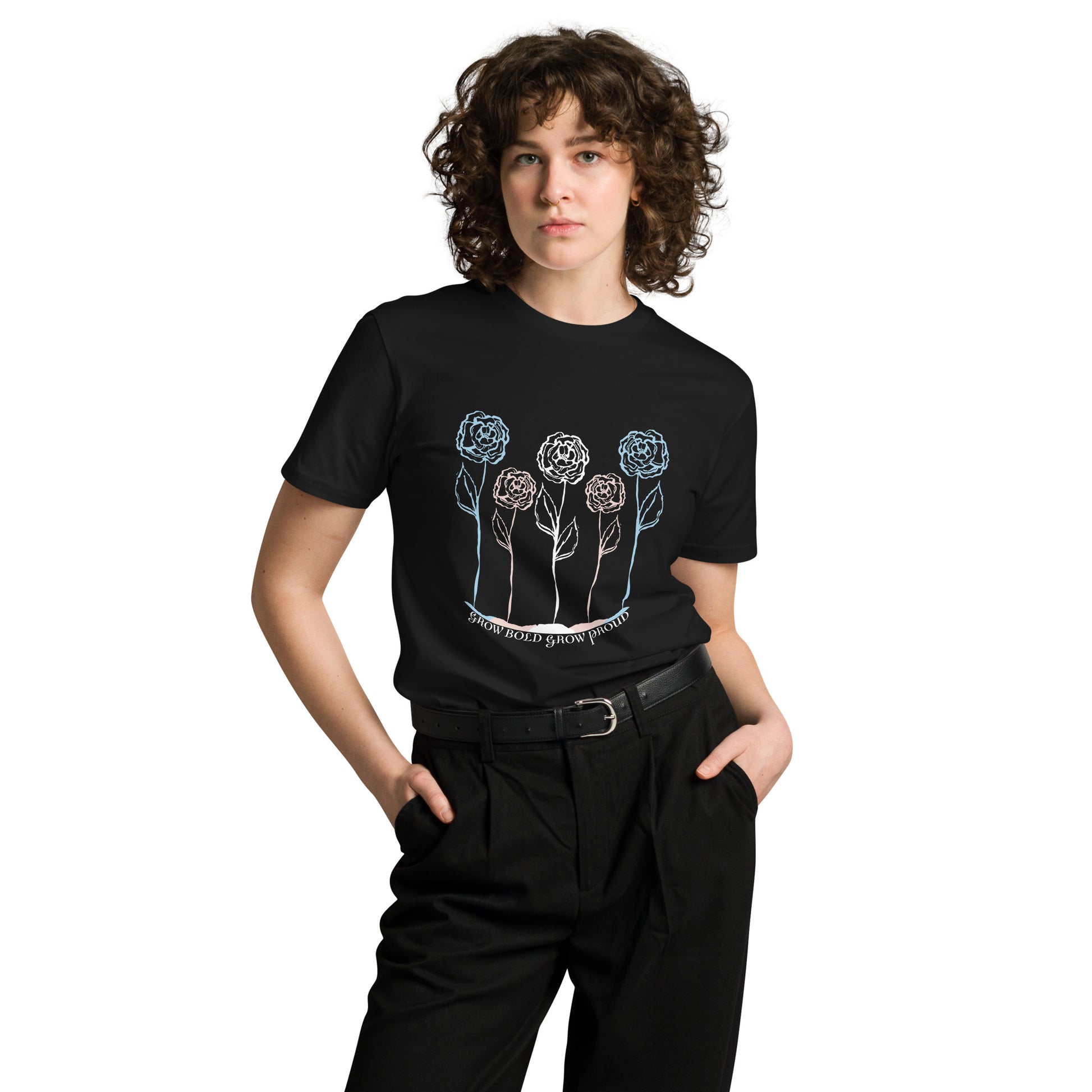 Ally Bloom premium t-shirt, black, model, three in the trees