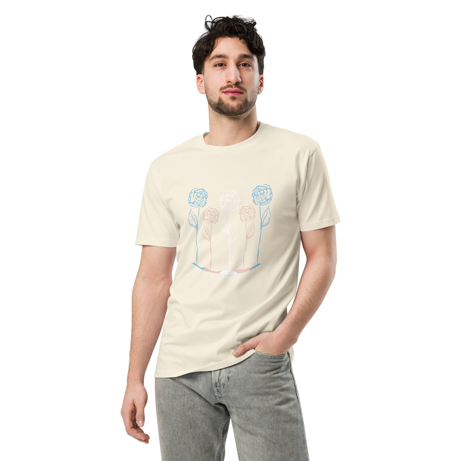 Ally Bloom premium t-shirt, natural, model, three in the trees