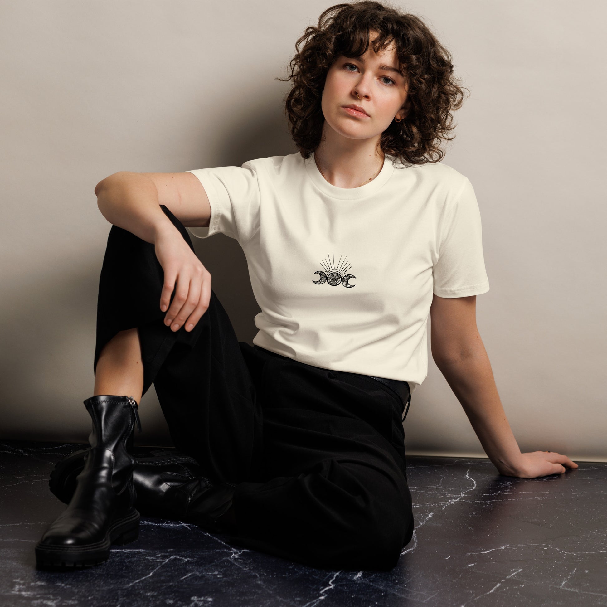 in charge mandala t-shirt, front model, natural, three in the trees