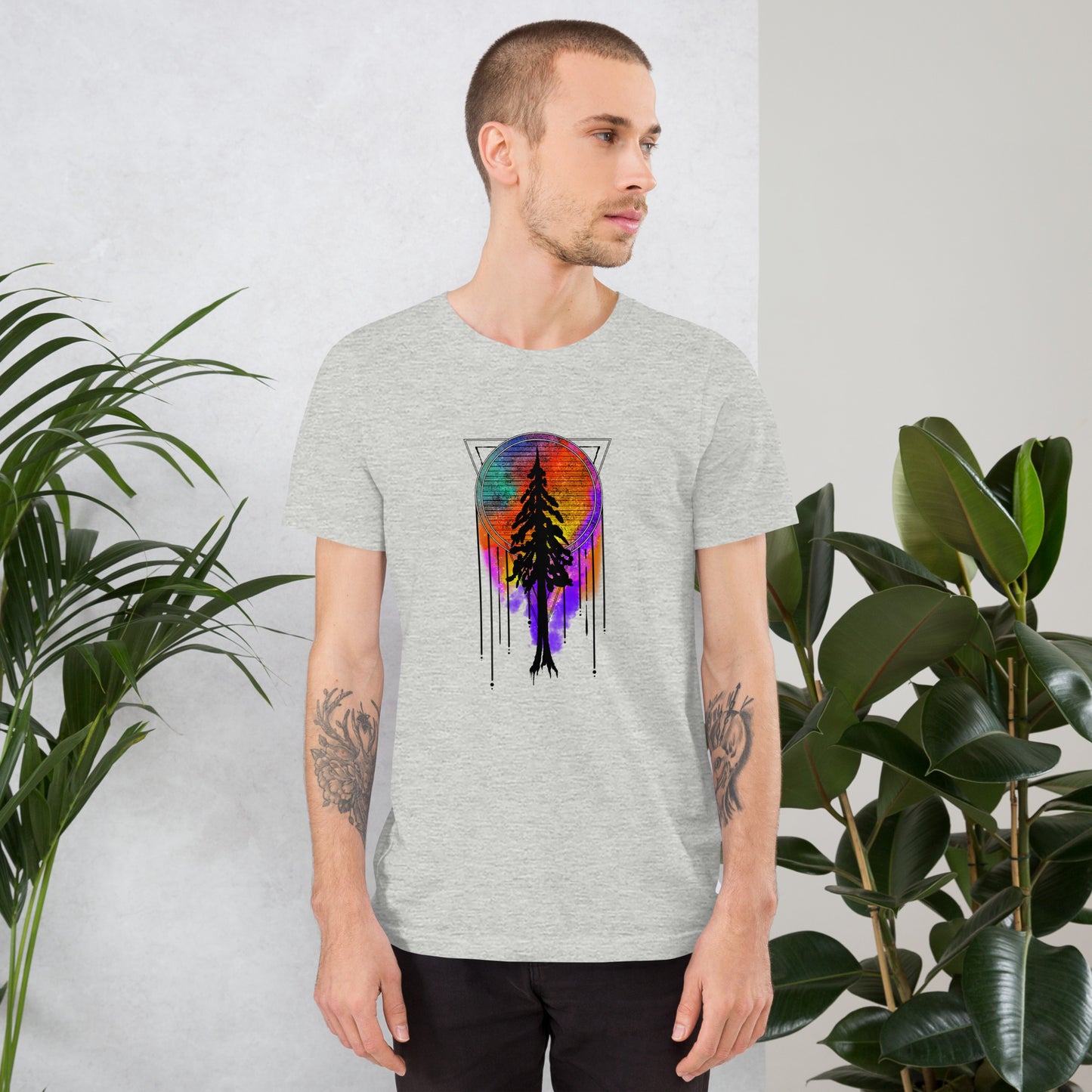 unisex t-shirt with redwood silhouette dream catcher tie dye background design, heather