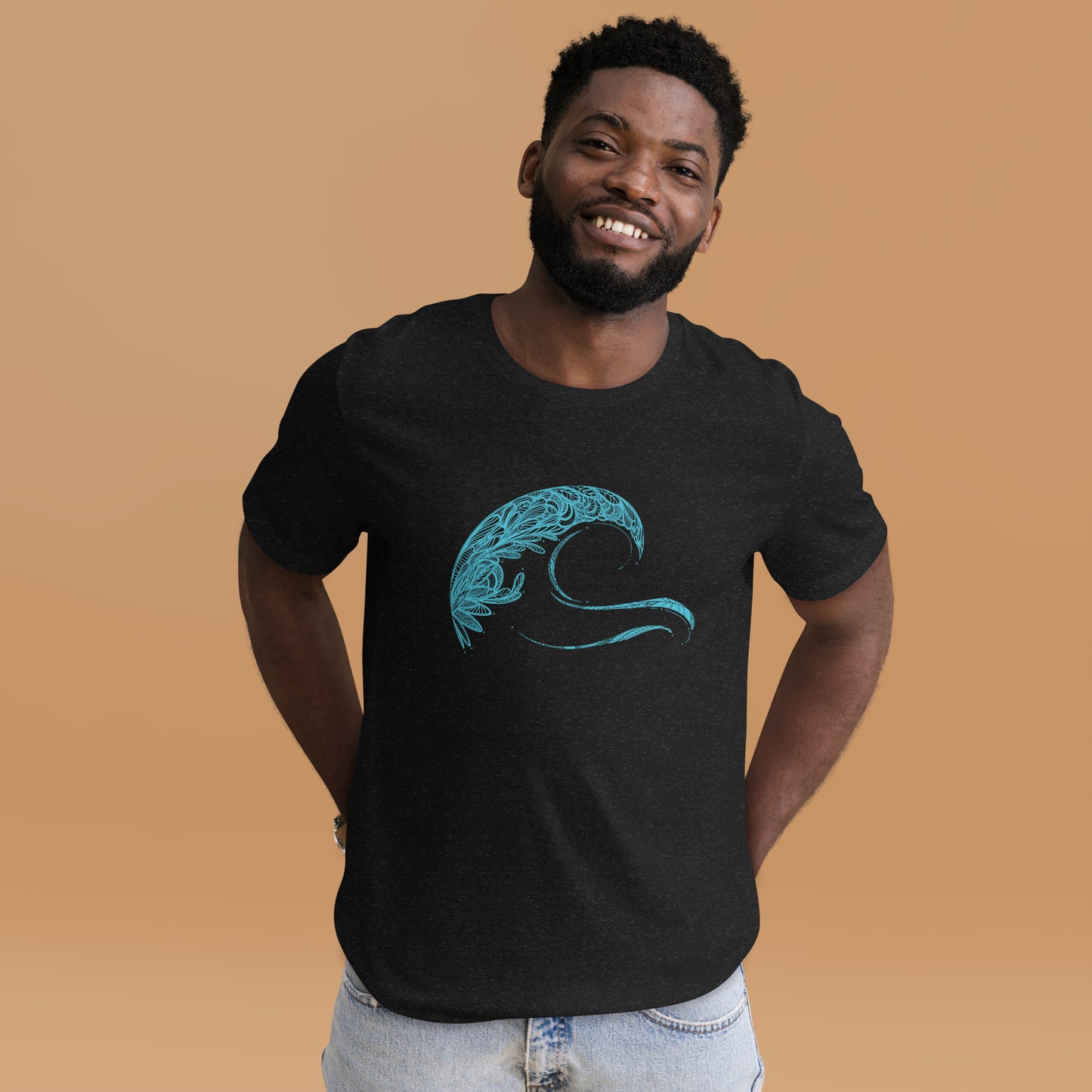 cotton unisex t-shirt featuring Tribal Wave, design by Three in the Trees. model, black