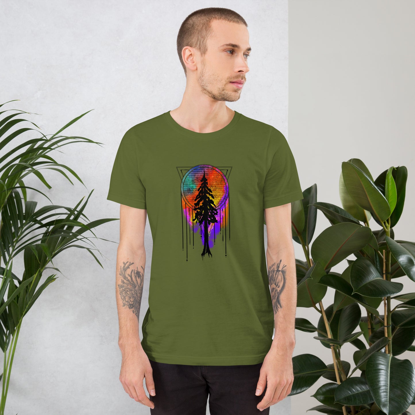 unisex t-shirt with redwood silhouette dream catcher tie dye background design, olive