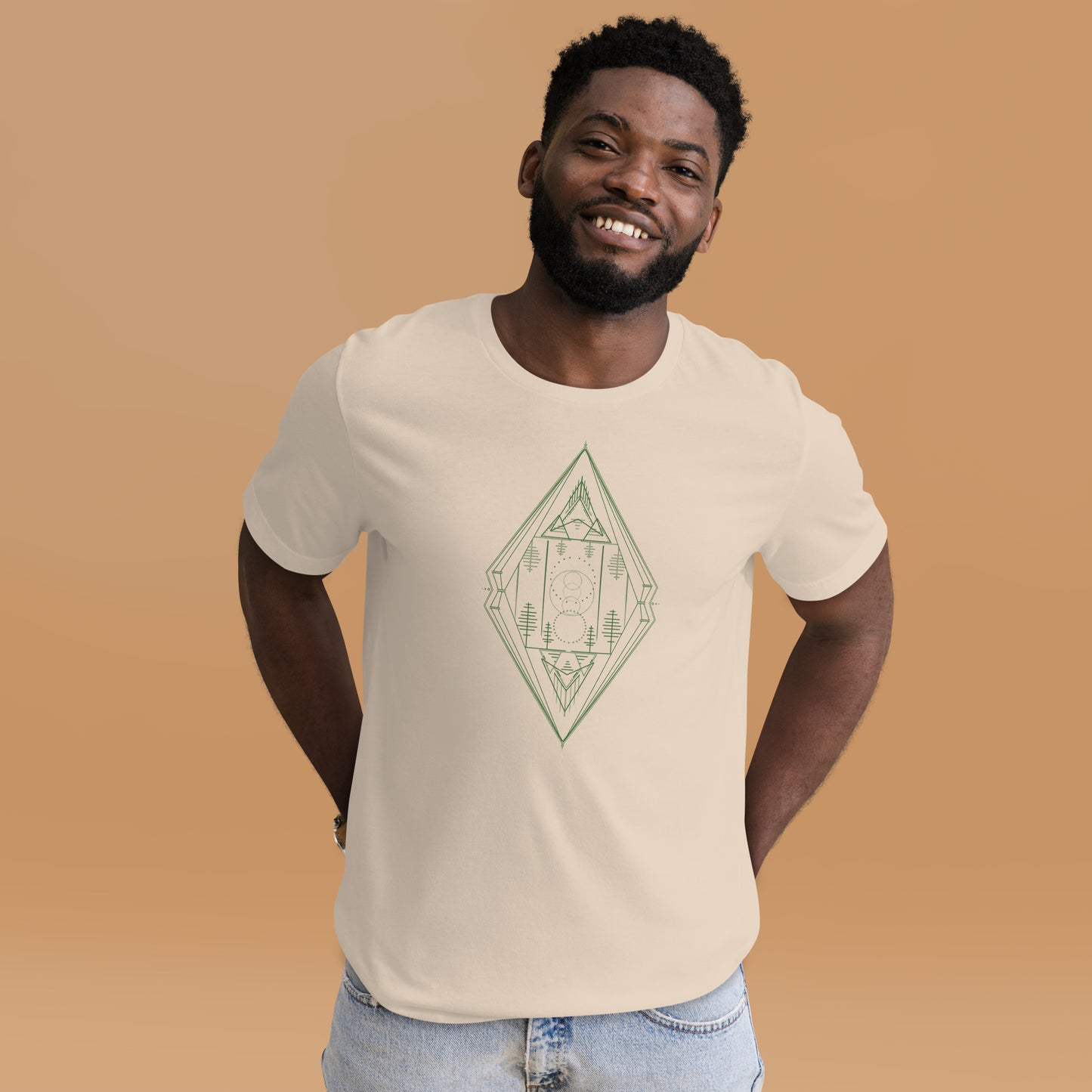 unisex t-shirt, mountain and trees minimalist geometric design