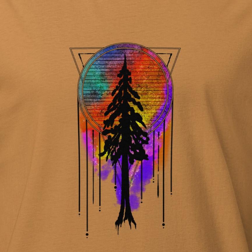 unisex t-shirt with redwood silhouette dream catcher tie dye background design, toast detail zoom