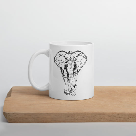 ceramic white glossy mug elephant ink print 11 oz.