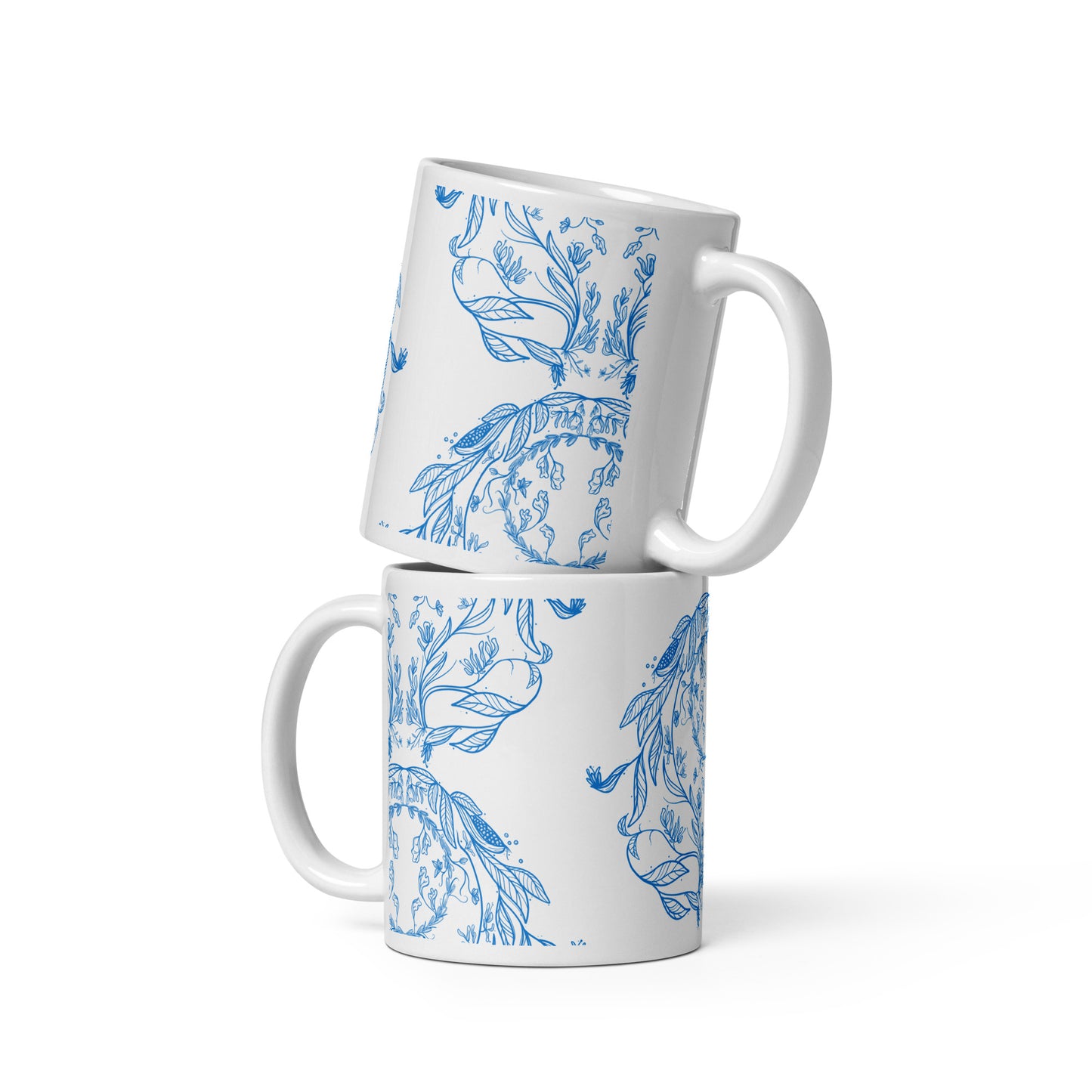 white glossy mug vintage blue floral print 11 oz.