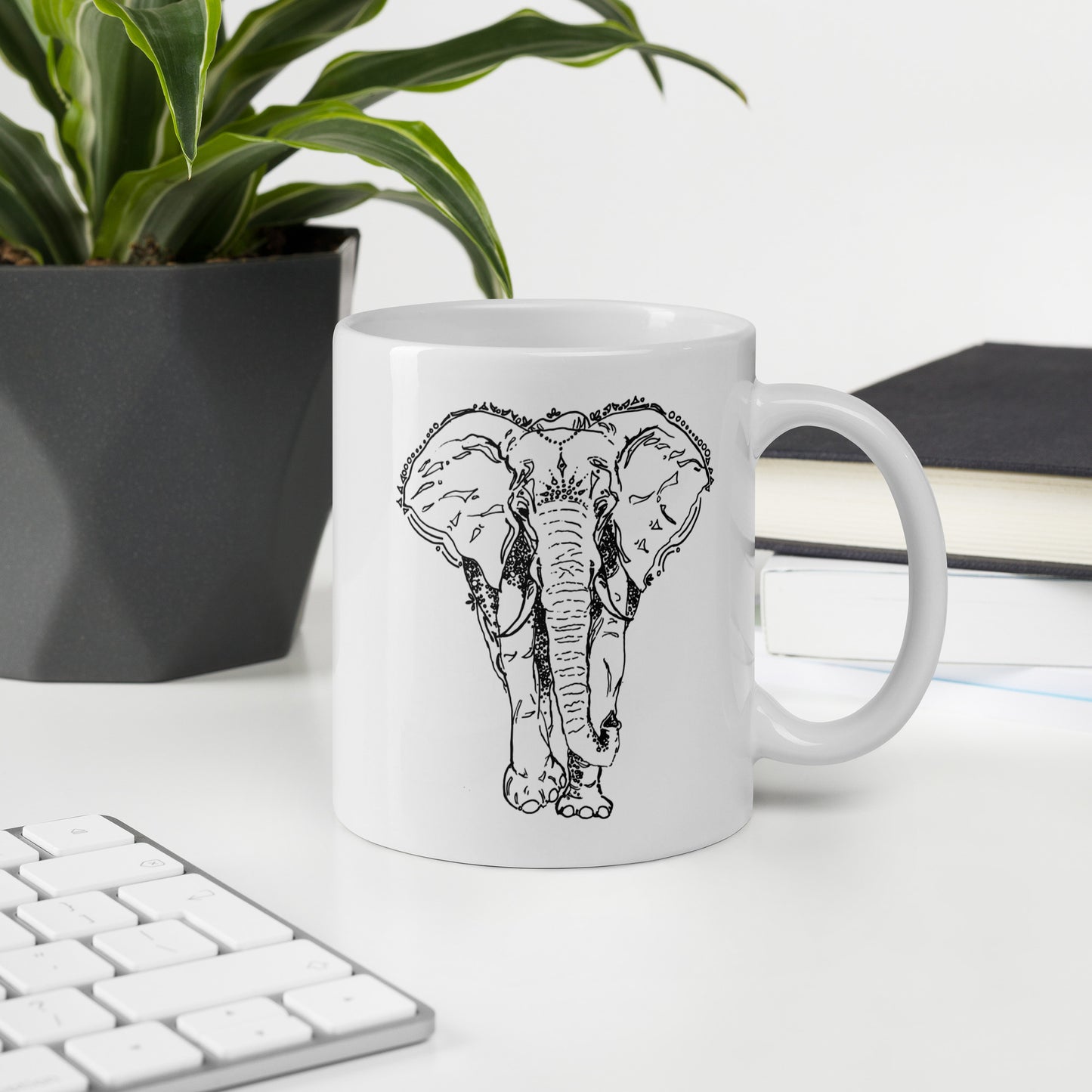 ceramic white glossy mug elephant ink print 11 oz.