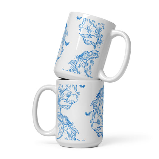 white glossy mug vintage blue floral print 15 oz.