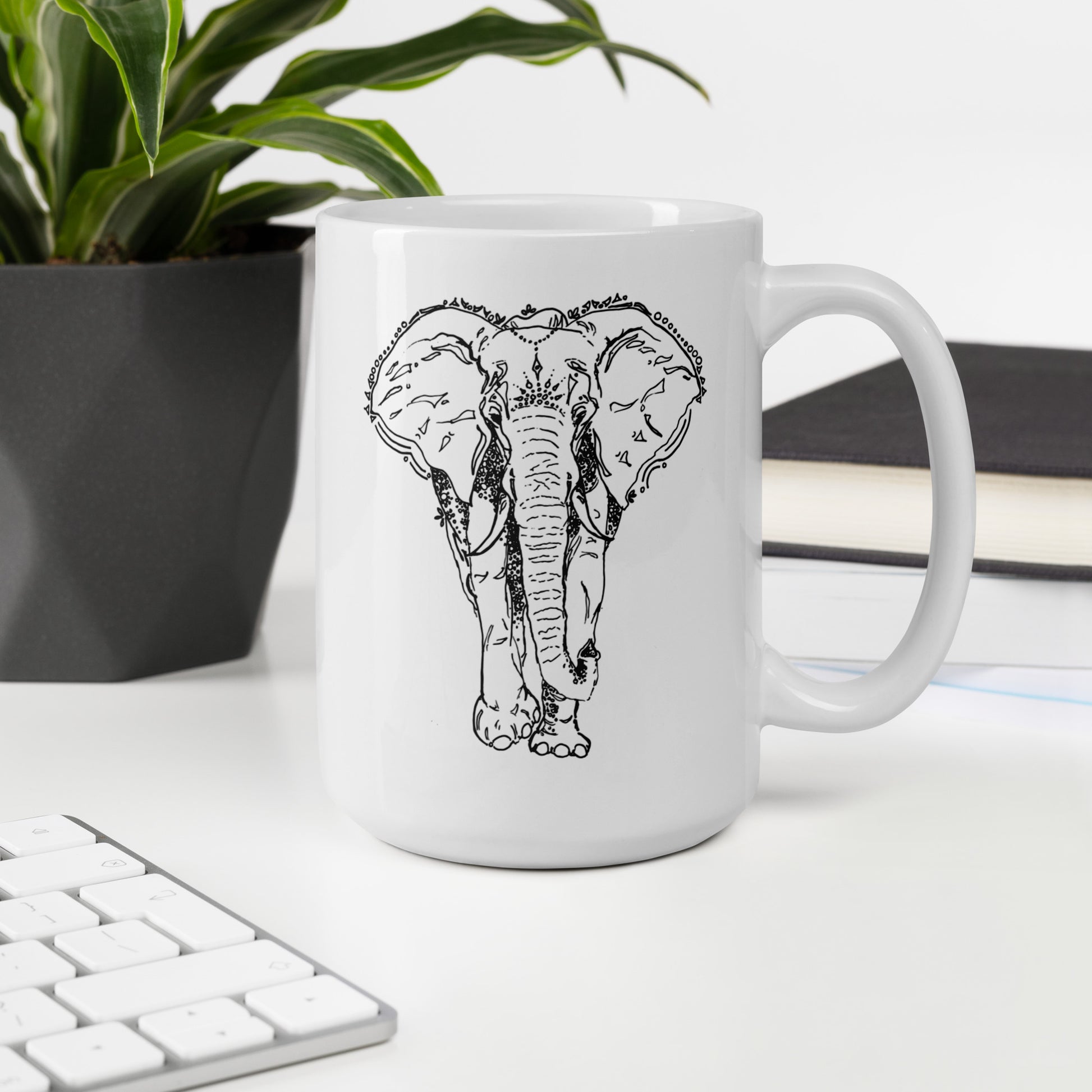 ceramic white glossy mug elephant ink print 15 oz.