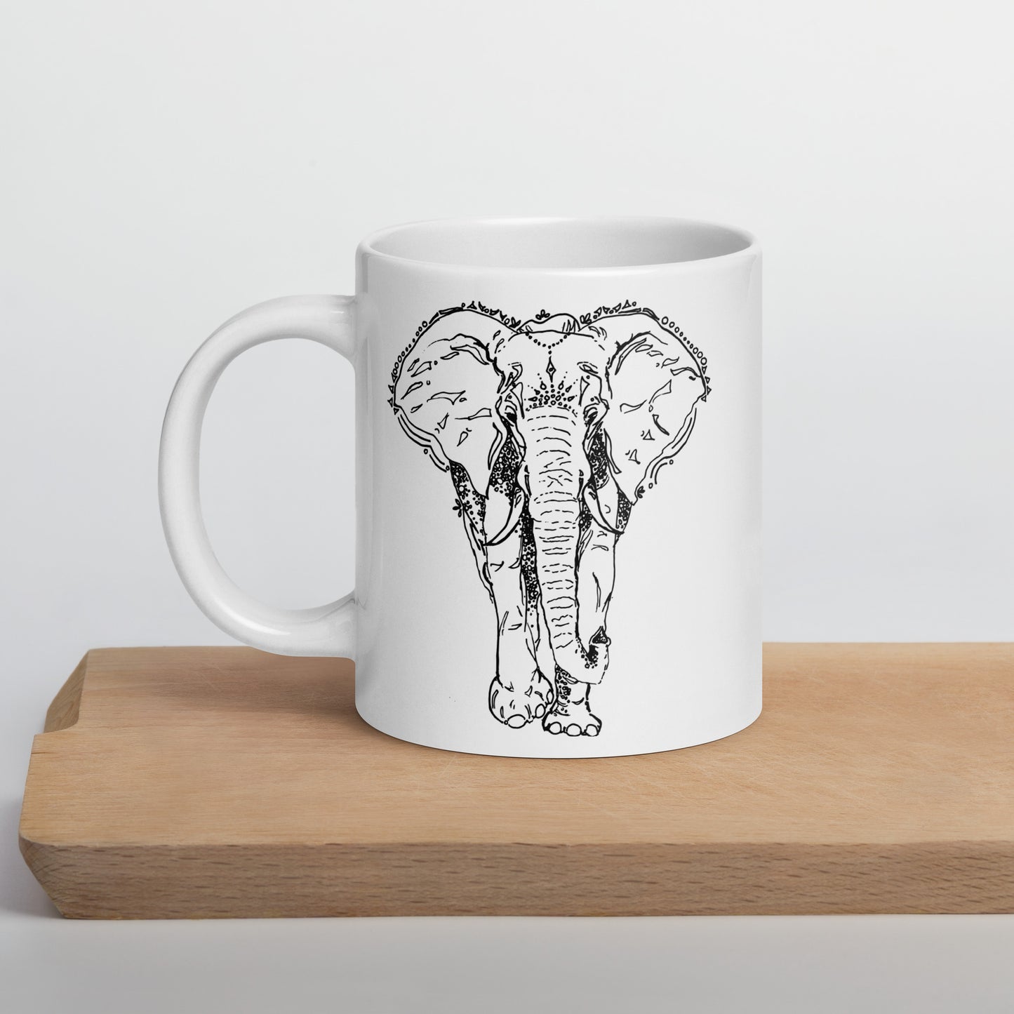 ceramic white glossy mug elephant ink print 20 oz.