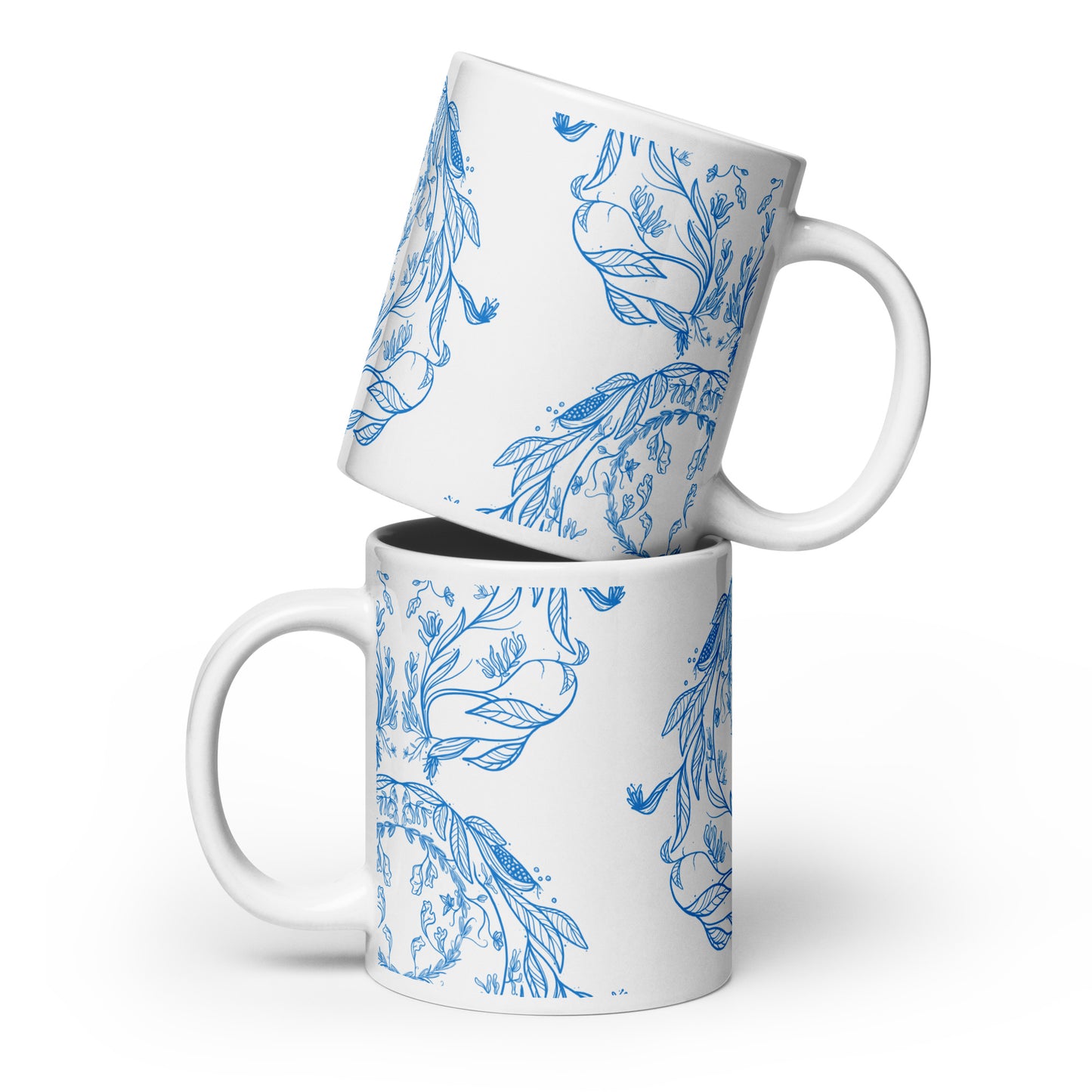 white glossy mug vintage blue floral print 20 oz.