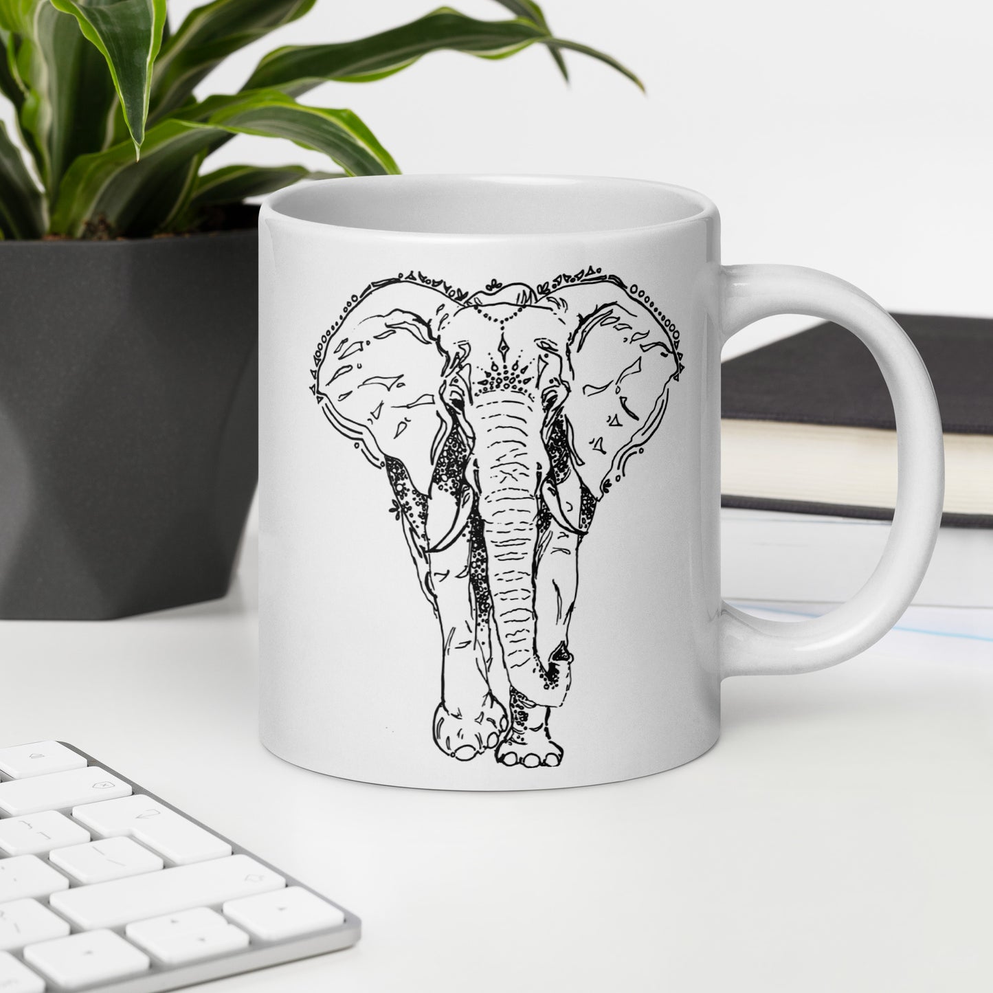 ceramic white glossy mug elephant ink print 20 oz.