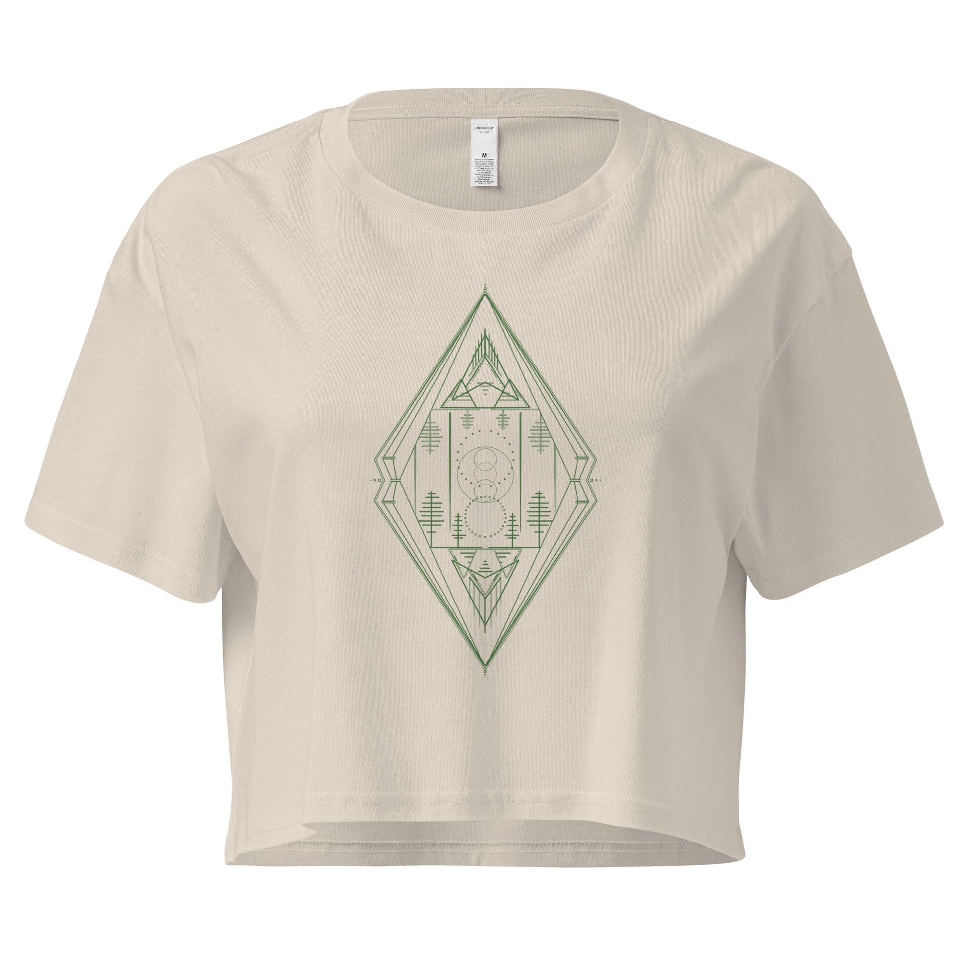 women's crop top, mountain and trees minimalist geometric design, bone