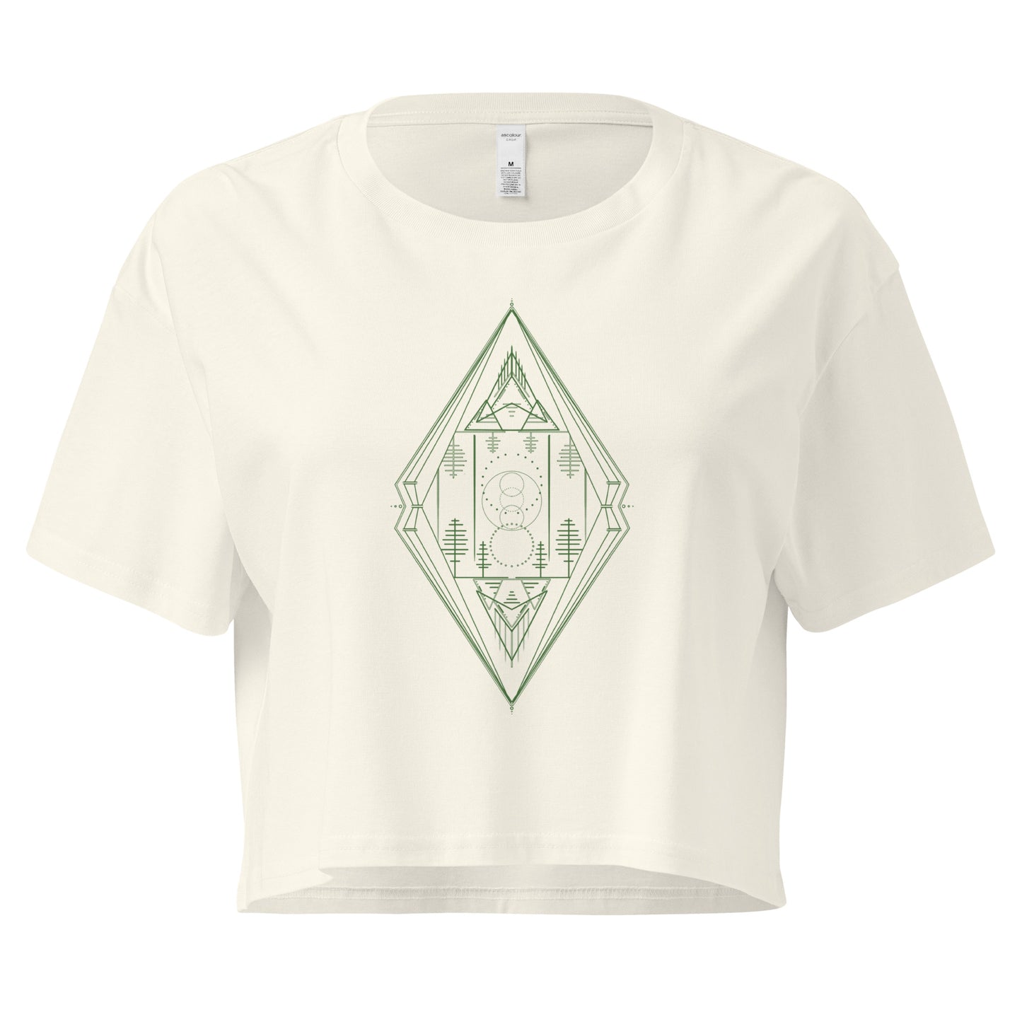 women's crop top, mountain and trees minimalist geometric design, natural