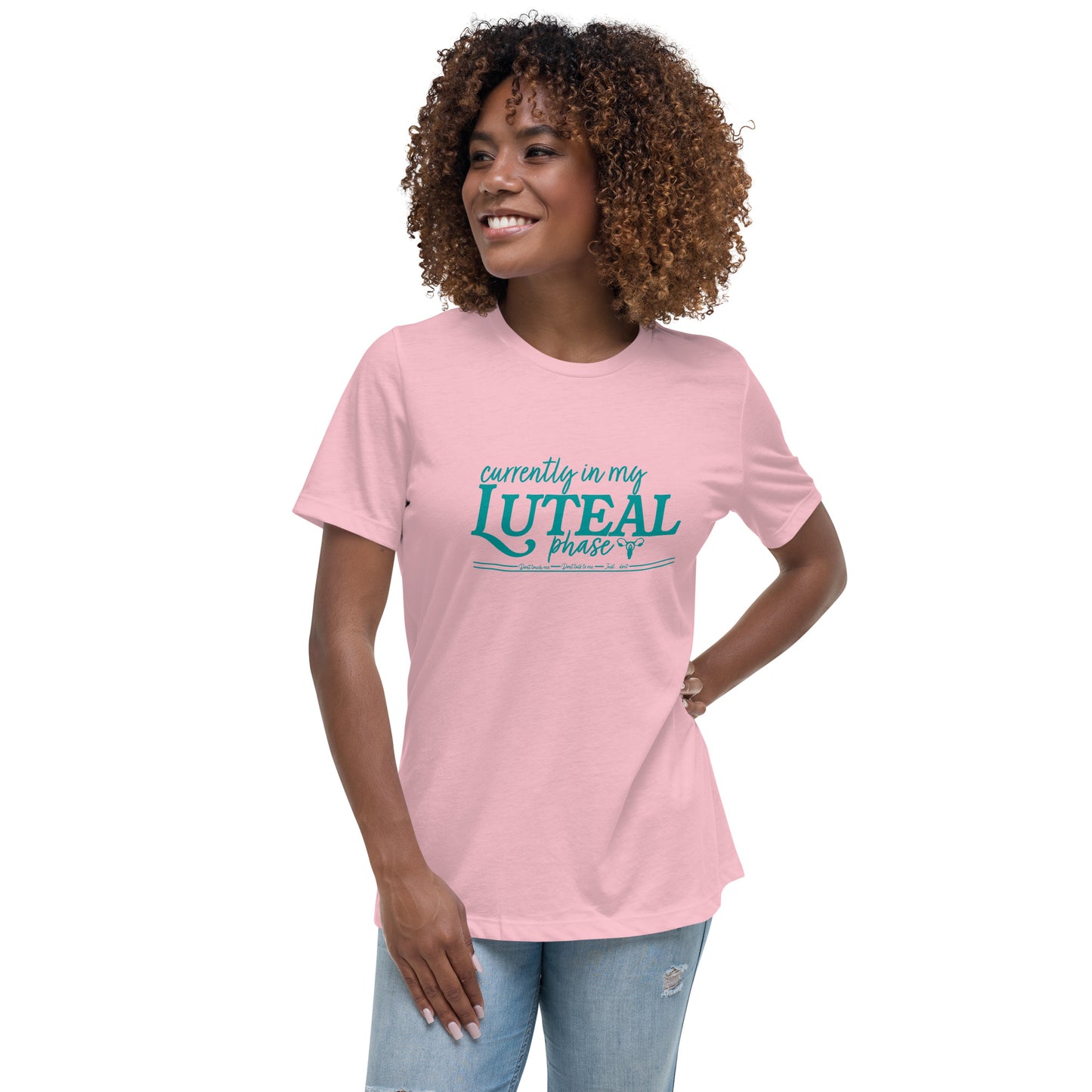 women's relaxed t-shirt, luteal phase front graphic, pink, front model