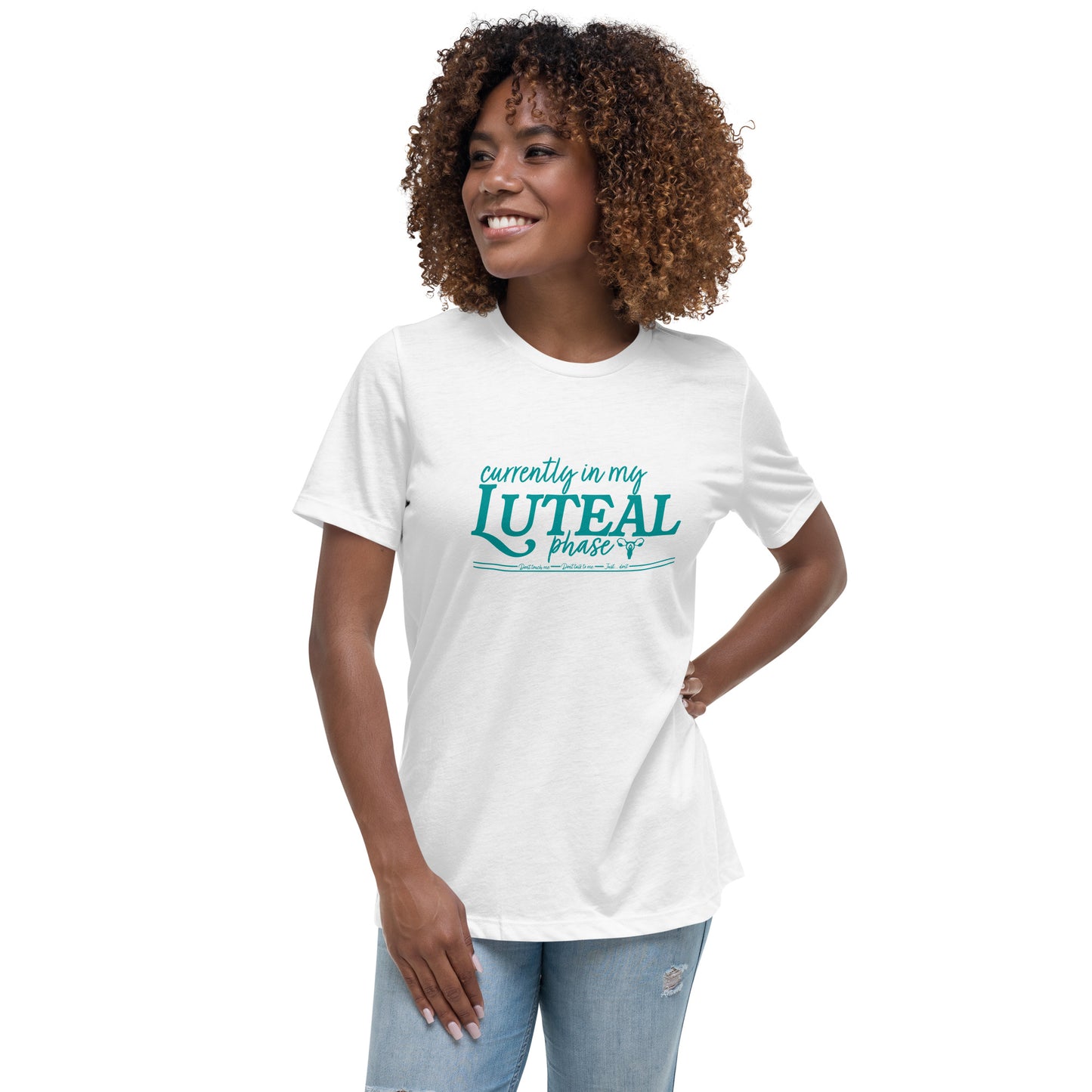 women's relaxed t-shirt, luteal phase front graphic, white, front model